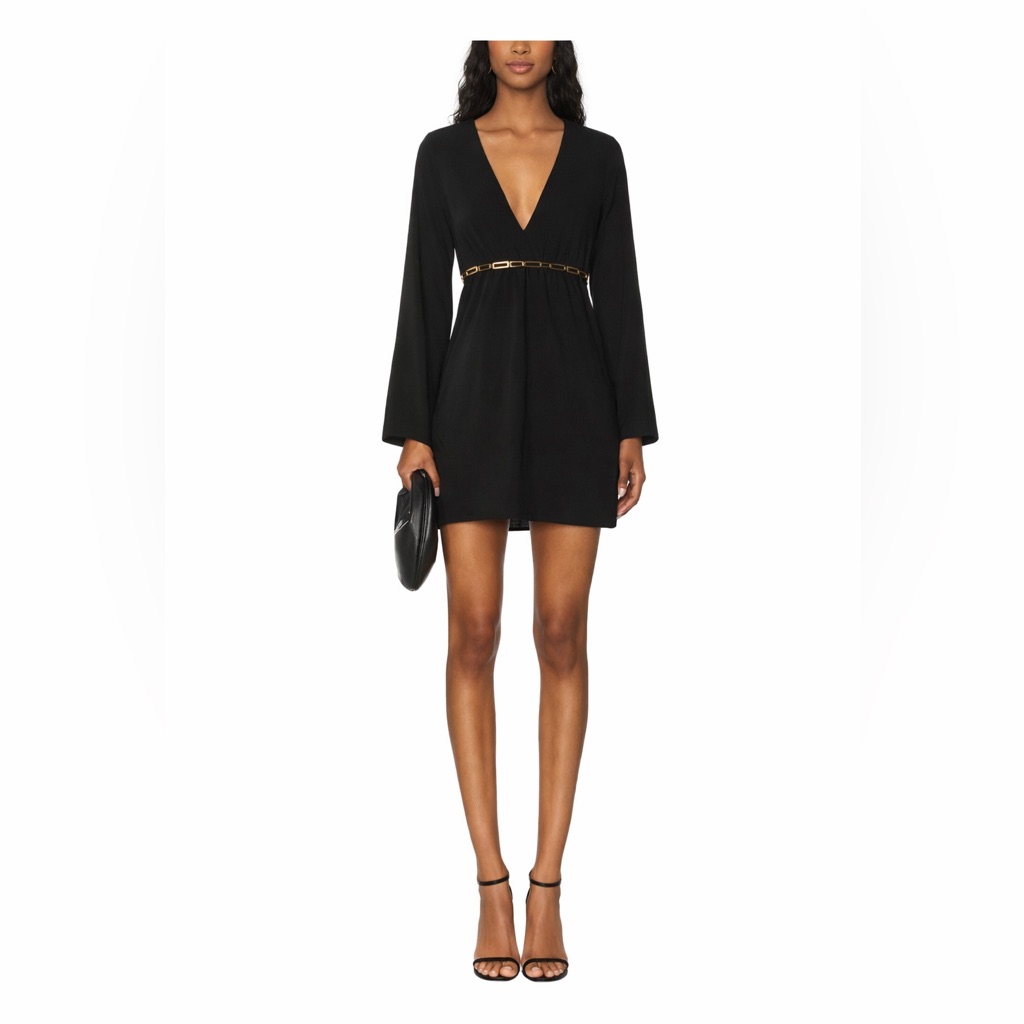Halston Heritage Black V-Neck Long Sleeve Mini Dress With Gold Chain Accent